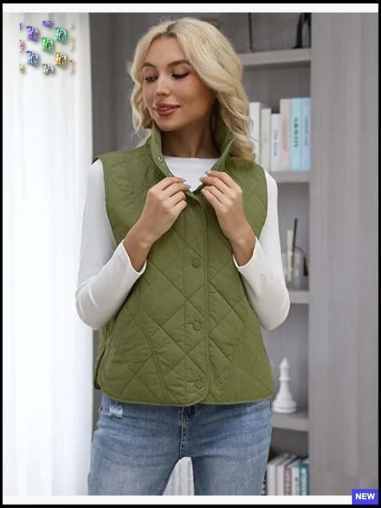 Quilted Vest Lightweight Sleeveless Button Down Preppy Chic Fall Outerwear - Picture 2 of 7